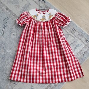 Stitchy Fish Girls Embroidered Lovable Lab Smocked Bishop Dress Red Sz4T